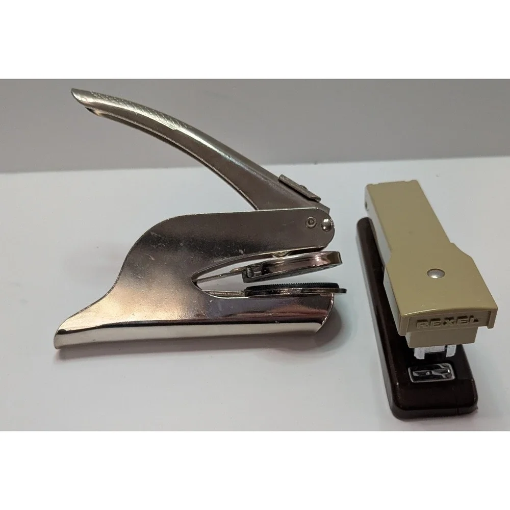 Horchow Embosser Rexel Stapler Set Vintage Chrome Tan Brown Good Office Decor